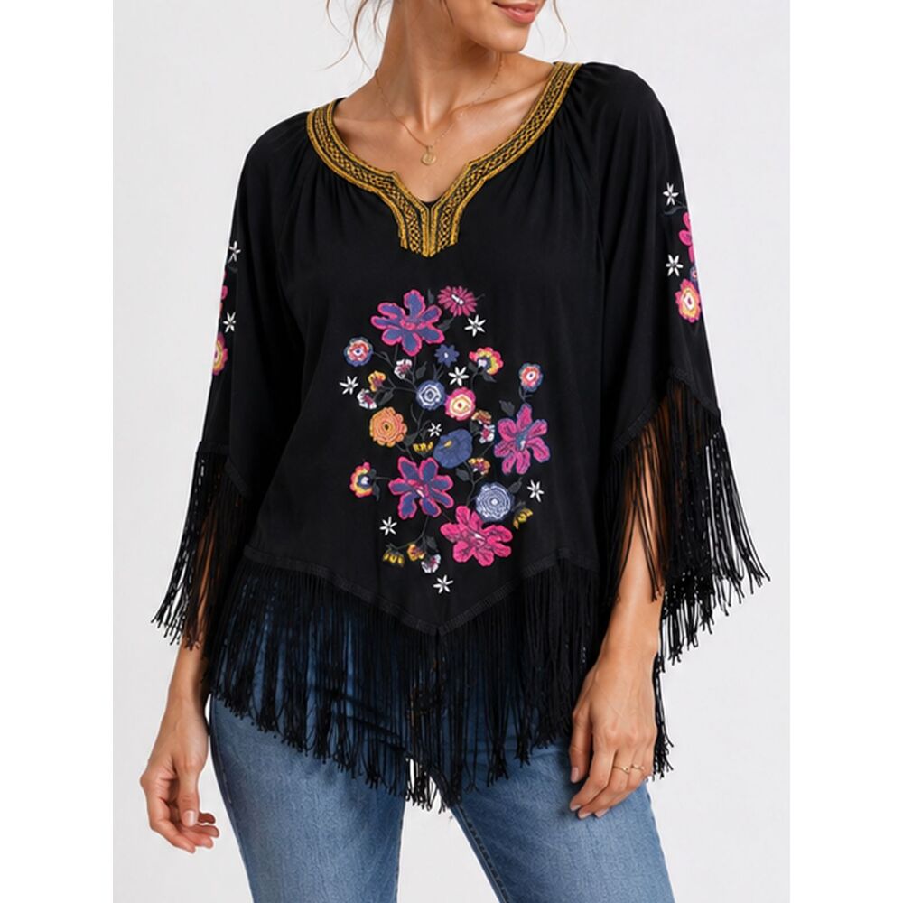 Ariat Black Embroidered Fringe Western Boho Tunic Top Small